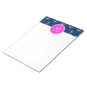 Navy Blue White Anchors Pattern, Hot Pink Monogram Notepad