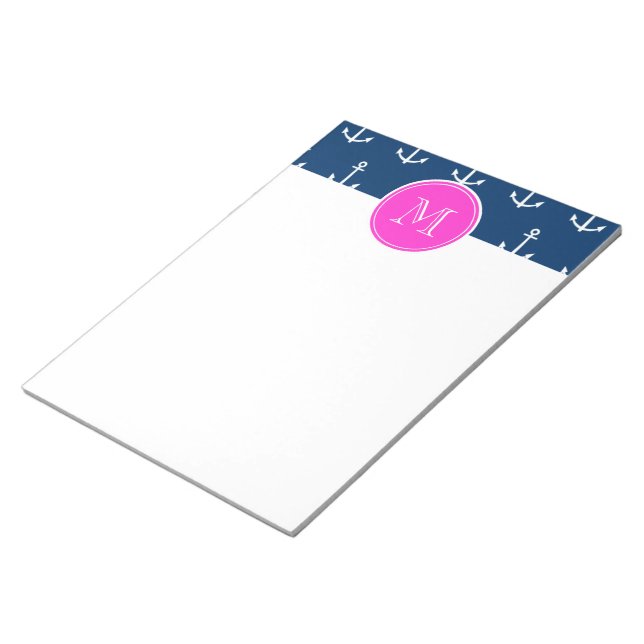 Navy Blue White Anchors Pattern, Hot Pink Monogram Notepad (Angled)