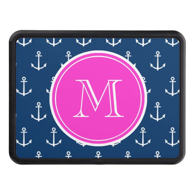 Navy Blue White Anchors Pattern, Hot Pink Monogram Trailer Hitch Cover (Front)