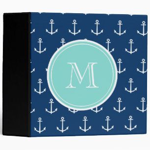 Navy Blue White Anchors Pattern, Mint Green Monogr Binder