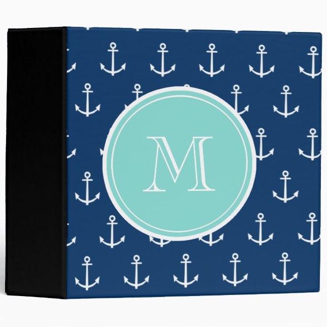 Navy Blue White Anchors Pattern, Mint Green Monogr Binder (Front/Spine)