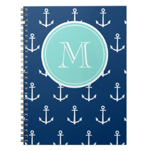 Navy Blue White Anchors Pattern, Mint Green Monogr Notebook