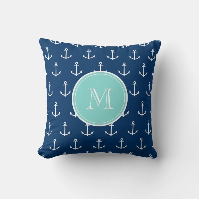 Navy Blue White Anchors Pattern, Mint Green Monogr Throw Pillow (Front)