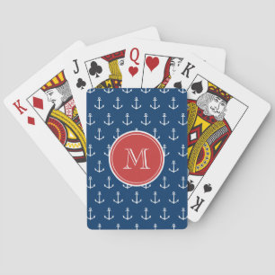 Navy Blue White Anchors Pattern, Red Monogram Playing Cards