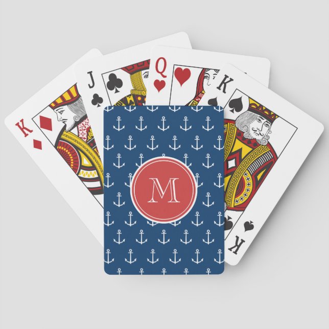 Navy Blue White Anchors Pattern, Red Monogram Playing Cards (Back)