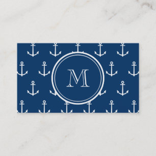 Navy Blue White Anchors Pattern, Your Monogram Business Card