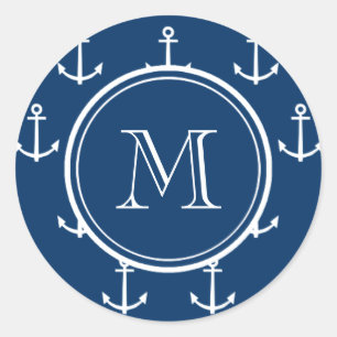 Navy Blue White Anchors Pattern, Your Monogram Classic Round Sticker