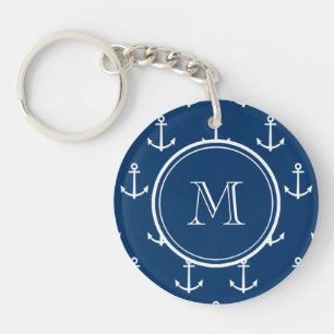 Navy Blue White Anchors Pattern, Your Monogram Keychain