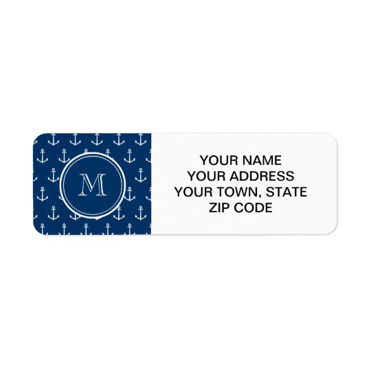 Navy Blue White Anchors Pattern, Your Monogram Return Address Label