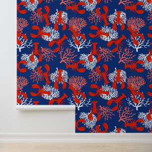 Navy Blue White and Coral Lobster Patterned Wallpaper
