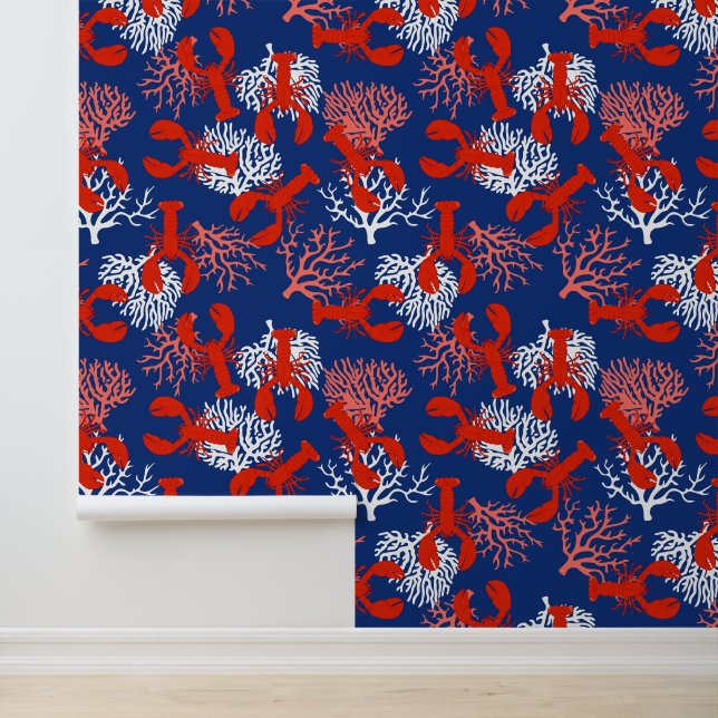 Navy Blue White and Coral Lobster Patterned Wallpaper (Application)
