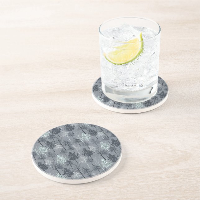Navy Blue White and Faux Glitter Trees Coaster (Side)