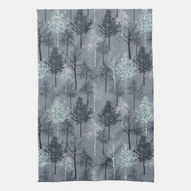 Navy Blue White and Faux Glitter Trees Kitchen Towel (Vertical)