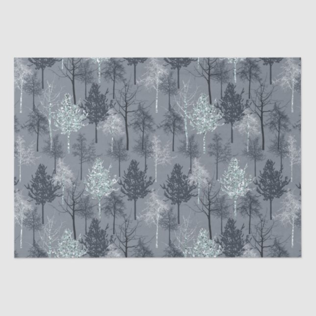 Navy Blue White and Faux Glitter Trees Tissue Paper (Front)