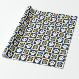 Navy Blue, White and Gold Repeating Pawprint Wrapping Paper