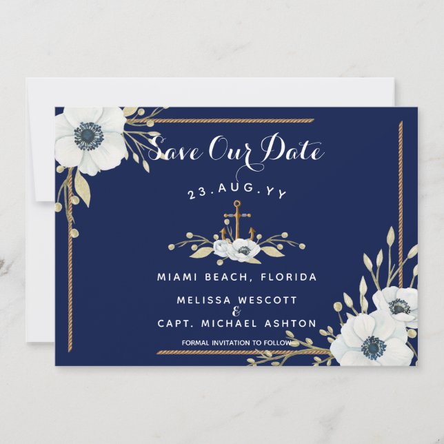 Navy Blue & White Anemone Anchor Nautical Wedding Save The Date (Front)