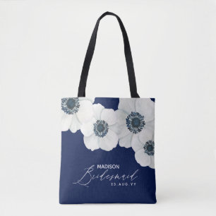 Navy Blue & White Anemones Modern Bridal Party Tote Bag