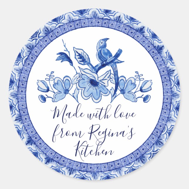 Navy Blue White Asian Chinoiserie Kitchen Gifts Classic Round Sticker (Front)