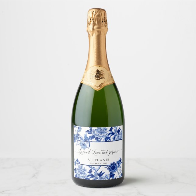 Navy Blue White Asian Floral Bird Leaf Sanitizer Sparkling Wine Label (Front)