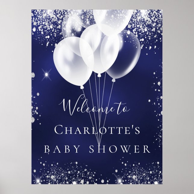 Navy blue white balloons baby shower welcome poster (Front)