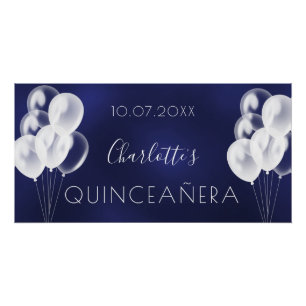 Navy blue white balloons Quinceanera party Poster