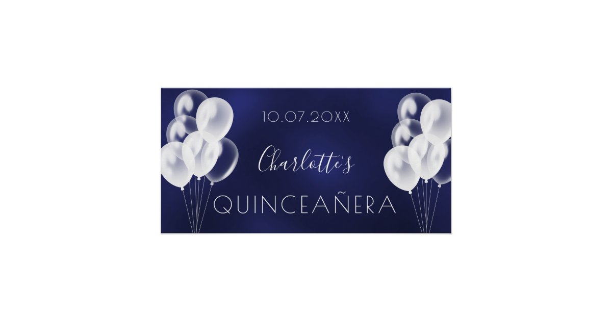 Navy blue white balloons Quinceanera party Poster | Zazzle