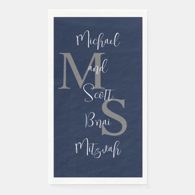 Navy Blue White B'nai Mitzvah Name Monogram  Napkin (Front)
