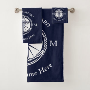 Navy Blue White Boat Name Anchor Welcome Aboard Bath Towel Set