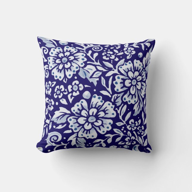 Navy Blue White Bold Floral Chinoiserie Design Throw Pillow (Front)