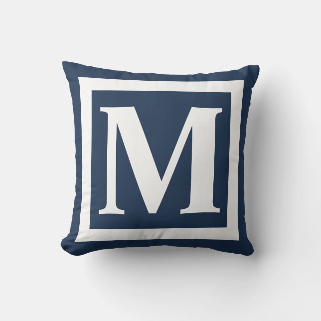 Navy Blue White Bold Monogram Initial Outdoor Pillow (Front)