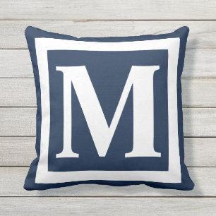 Navy Blue White Bold Monogram Initial Outdoor Pillow