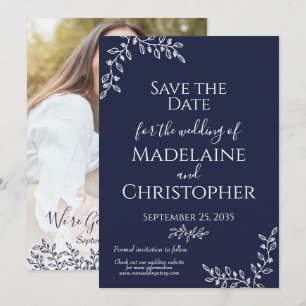 Navy Blue White Botanical Boho Photo Wedding Save The Date