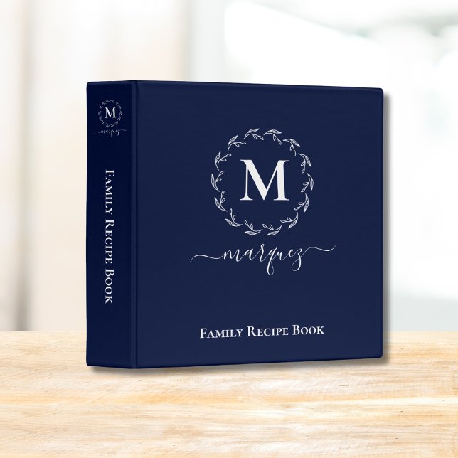 Navy Blue White Botanical Wreath Monogram Binder (Creator Uploaded)
