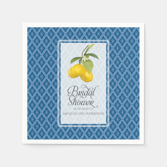Navy Blue White Bridal Shower Lemon Citrus Pattern Napkin (Front)