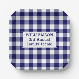 Navy Blue White Buffalo Check Family Picnic Paper Plate