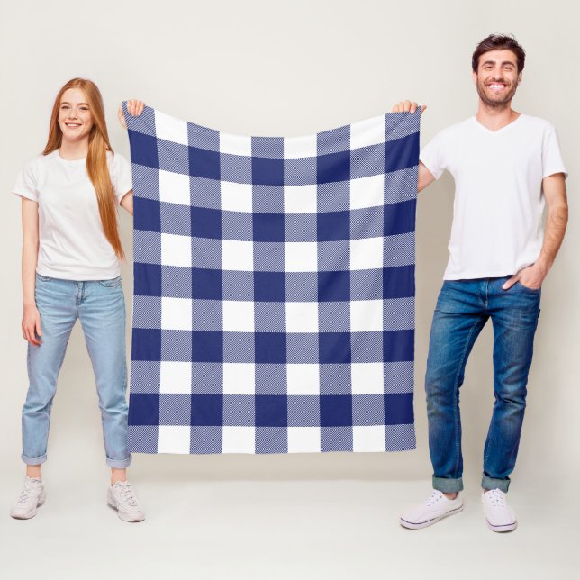 Navy Blue White Buffalo Plaid Farmhouse Fleece Blanket (In Situ)
