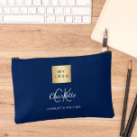 Navy blue white business logo name monogram accessory pouch<br><div class="desc">Navy blue background,  white and grey text. Personalize and add your business logo,  first name,  monogram initials and full name.</div>