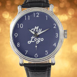 Navy blue white business logo watch<br><div class="desc">Add your own business logo. A navy blue background. Perfect for promoting your business and your brand. White clock face numbers.</div>