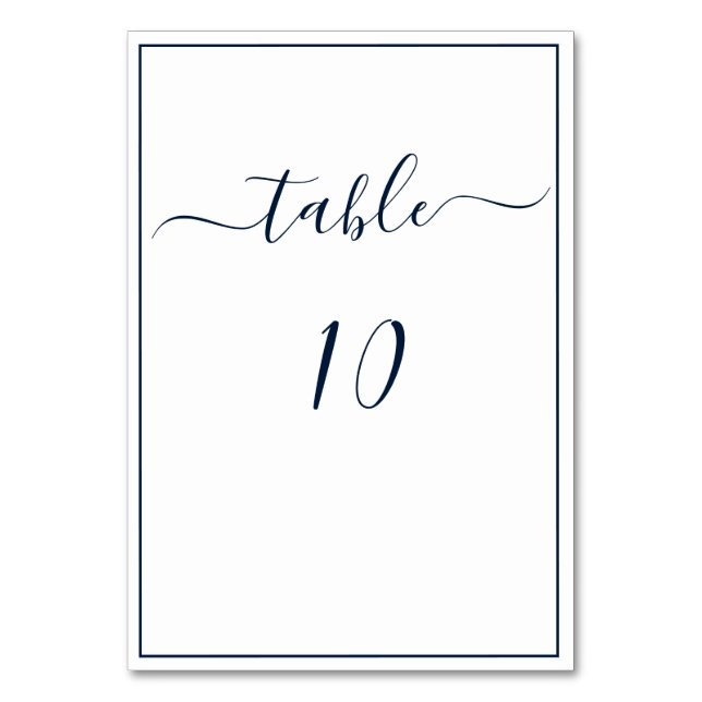 Navy Blue White Calligraphy Script Elegant Wedding Table Number (Front)