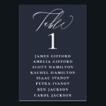 Navy Blue White Calligraphy Seating Chart Table Number<br><div class="desc">Elegant white calligraphy "table",  with guest names listed and table number,  wedding table number seating chart card. Background colour shown in navy blue,  can be customized.</div>