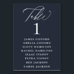 Navy Blue White Calligraphy Seating Chart Table Number<br><div class="desc">Elegant white calligraphy "table",  with guest names listed and table number,  wedding table number seating chart card. Background colour shown in navy blue,  can be customized.</div>