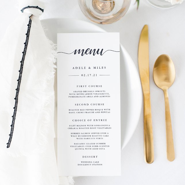 Navy Blue & White Calligraphy Wedding Menu Card (Creator Uploaded)