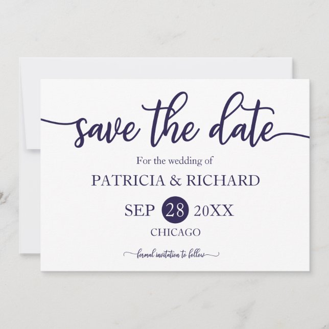 Navy Blue White Calligraphy Wedding Save The Date Invitation (Front)