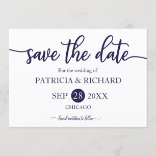 Navy Blue White Calligraphy Wedding Save The Date Invitation