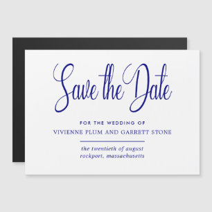 Navy Blue White Calligraphy Wedding Save the Date Magnetic Invitation