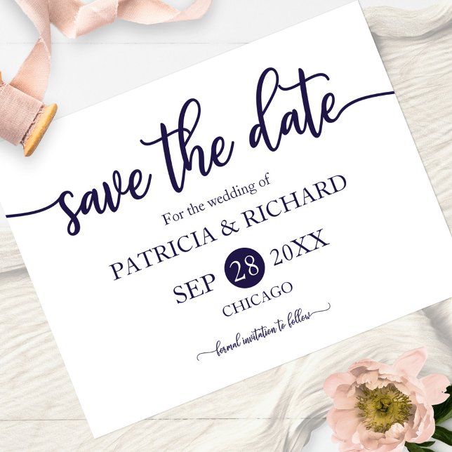 Navy Blue White Calligraphy Wedding Save The Date Postcard (Creator Uploaded)