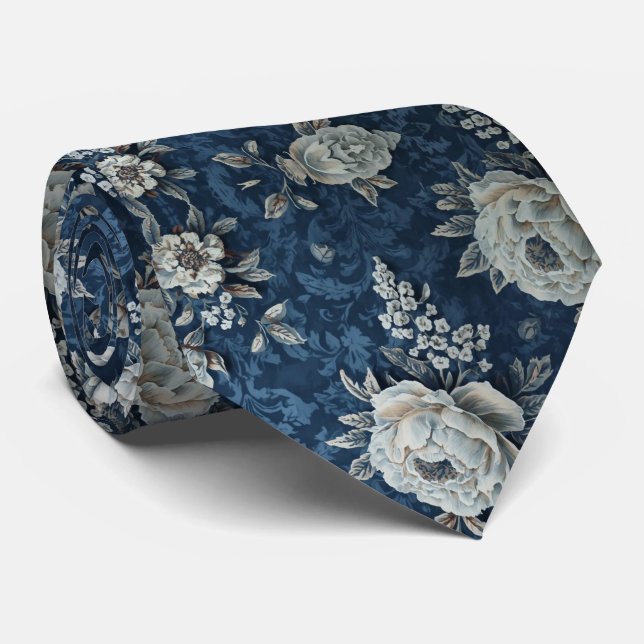 Navy Blue White Cascading Peonies Wedding  Tie (Rolled)