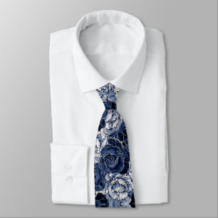 Navy Blue White Cascading Peonies Wedding  Tie