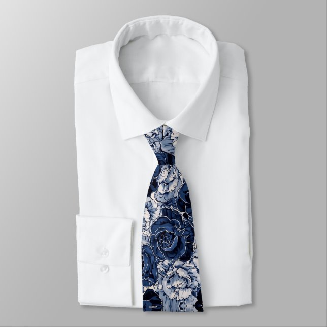 Navy Blue White Cascading Peonies Wedding  Tie (Tied)