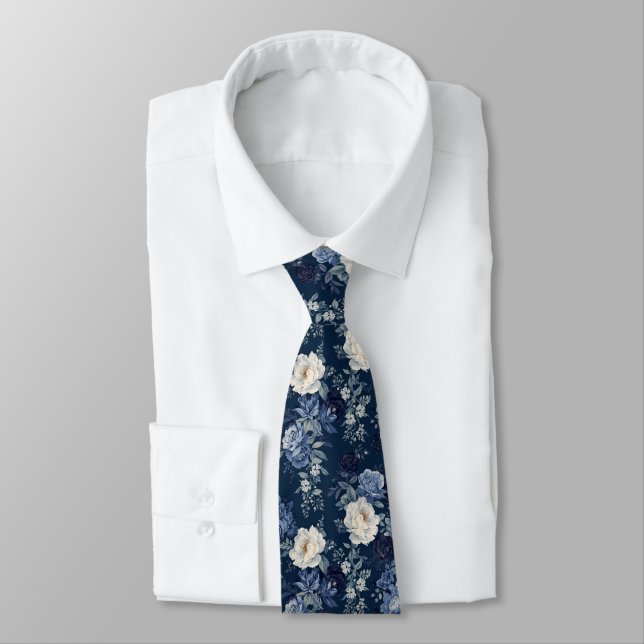 Navy Blue White Cascading Peonies Wedding  Tie (Tied)
